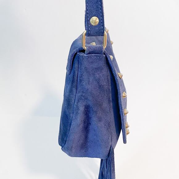 Prune Blue Suede Studded Fringe Cross Body Bag - Picture 6 of 14
